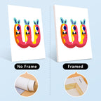 Comparison of a colorful abstract art piece with and without a frame on a light blue background.