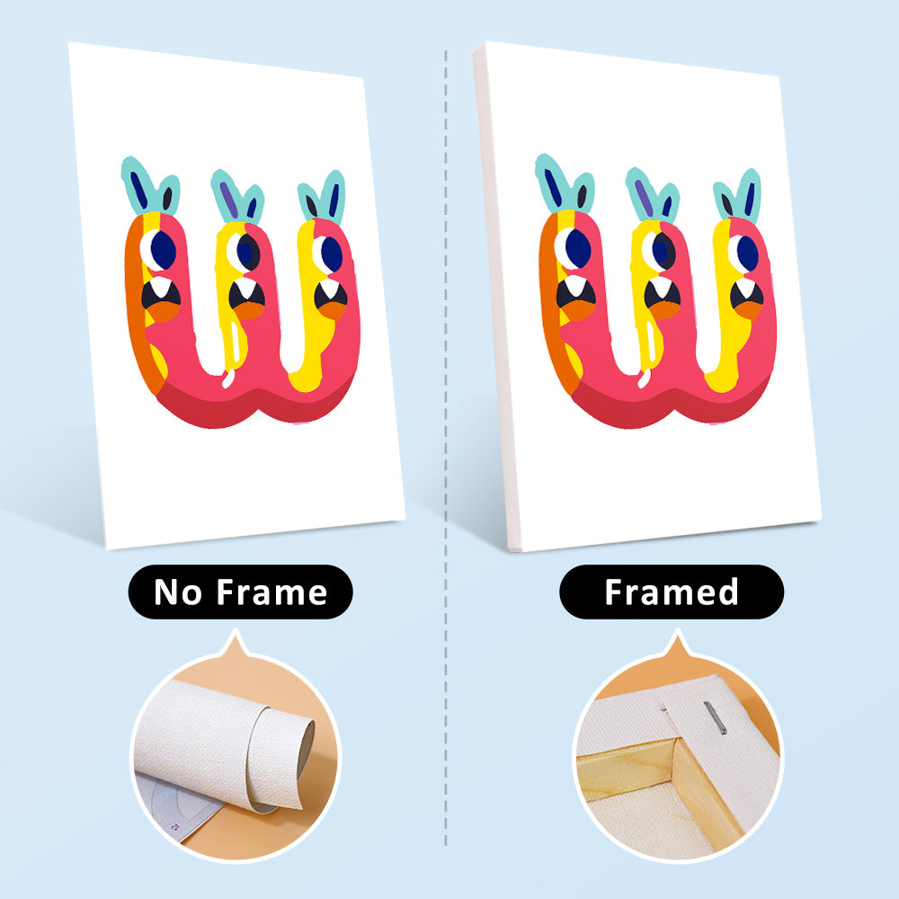 Comparison of a colorful abstract art piece with and without a frame on a light blue background.