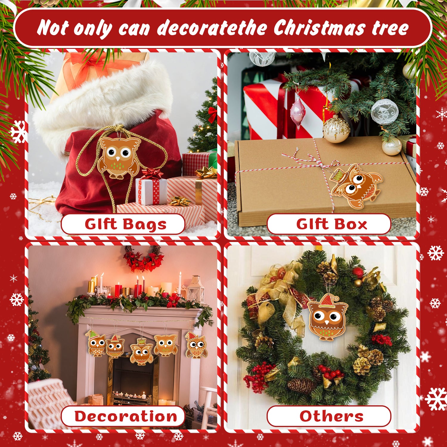 Collage of Christmas decorations including gift bags, a gift box, owl-themed decorations, and a wreath.