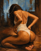 A kneeling woman seen from behind wearing a white bodysuit against a textured blue and brown backdrop.
