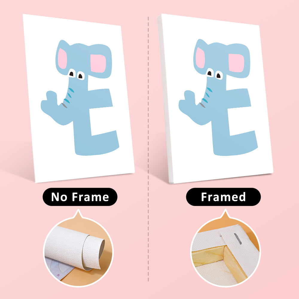 Two cards with a blue elephant design, one without a frame and one with a frame, on a pink background.