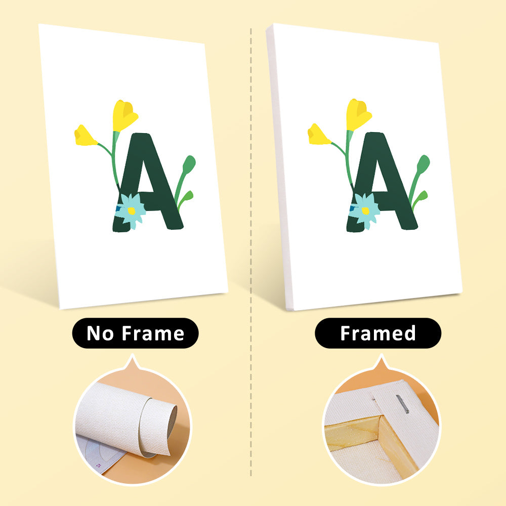 Comparison of a framed and no-framed wall art piece with letter 'A' and flowers on a beige background.
