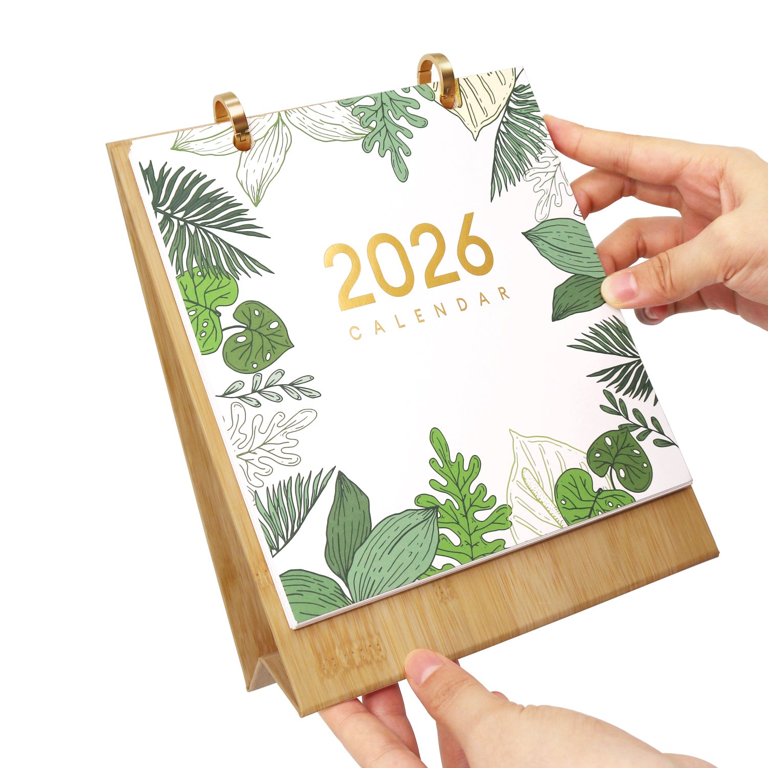 Calendario 2026 con diseño de hojas sostenido por una mano sobre un fondo blanco