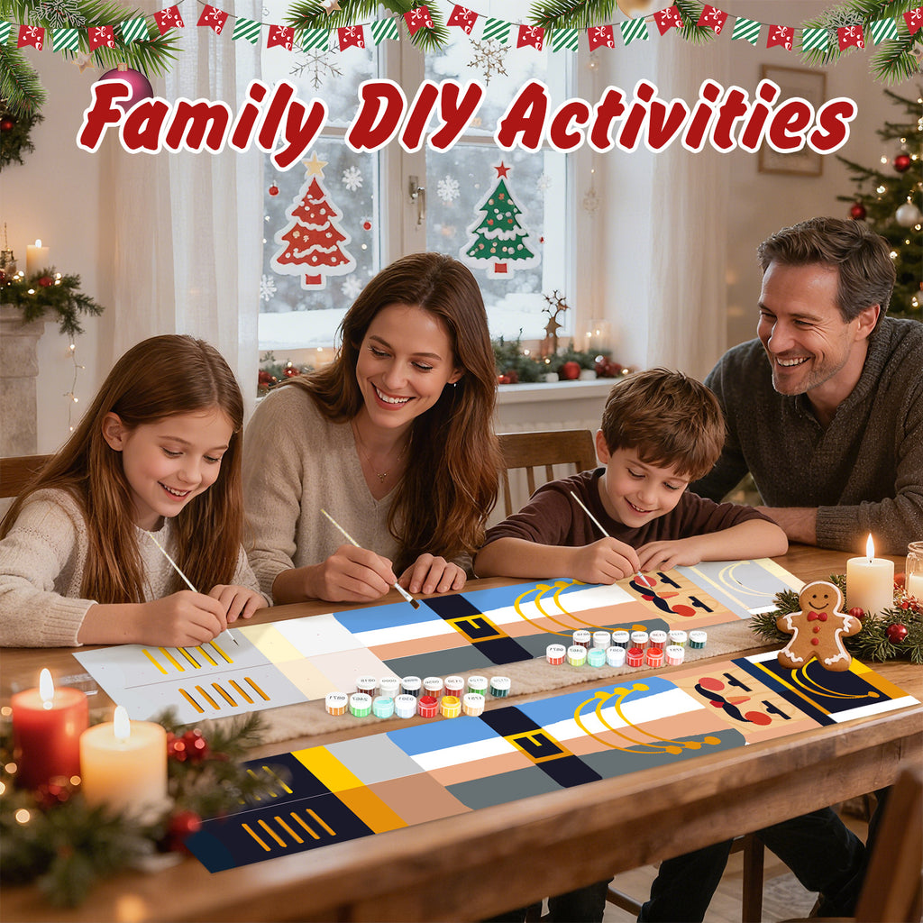 Familie beschäftigt sich mit einer DIY-Bastelaktivität mit Weihnachtsdekorationen im Hintergrund
