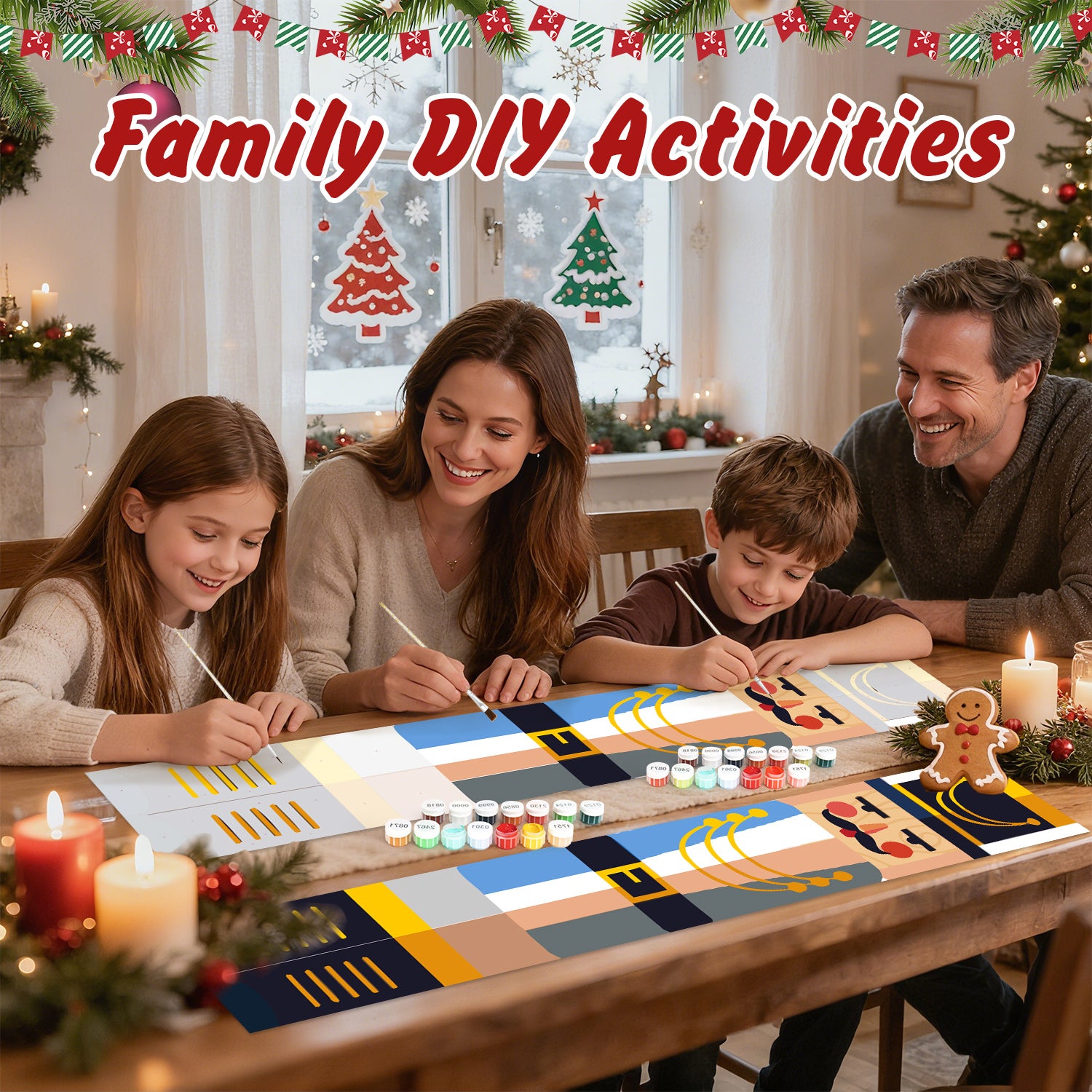 Familie beschäftigt sich mit einer DIY-Bastelaktivität mit Weihnachtsdekorationen im Hintergrund