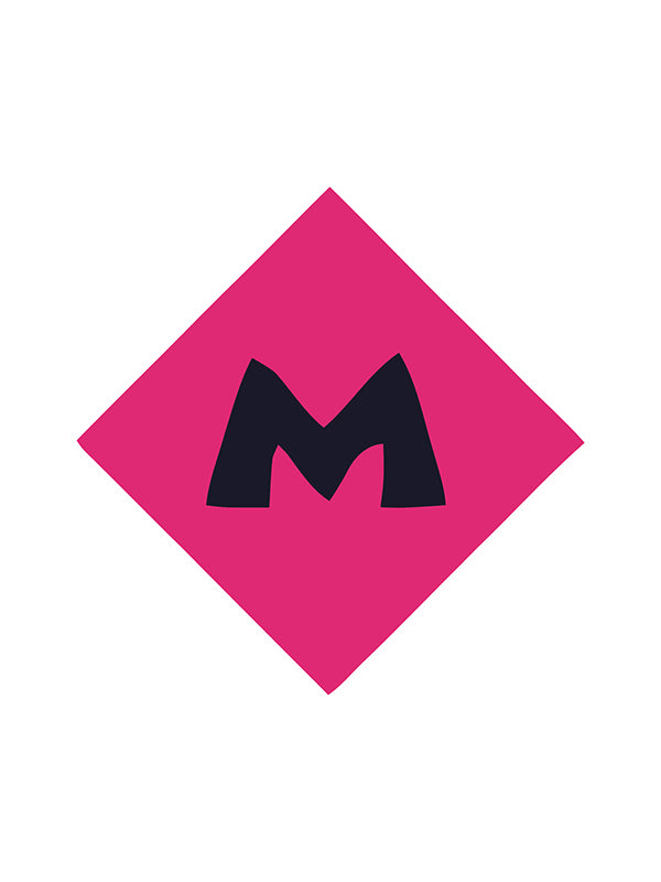 Pink diamond-shaped logo with a black 'M' on a white background