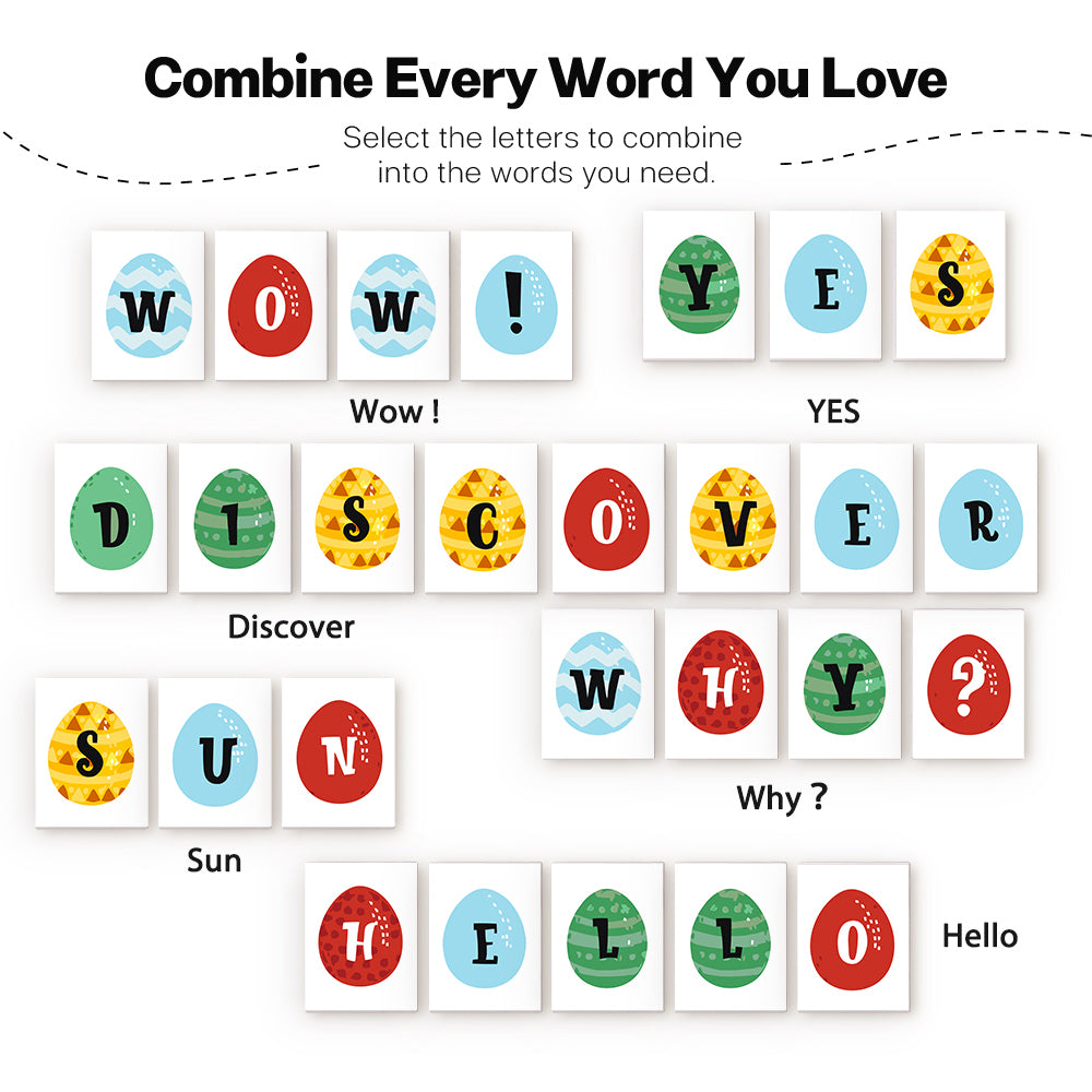 Colorful letter tiles with various words on a white background