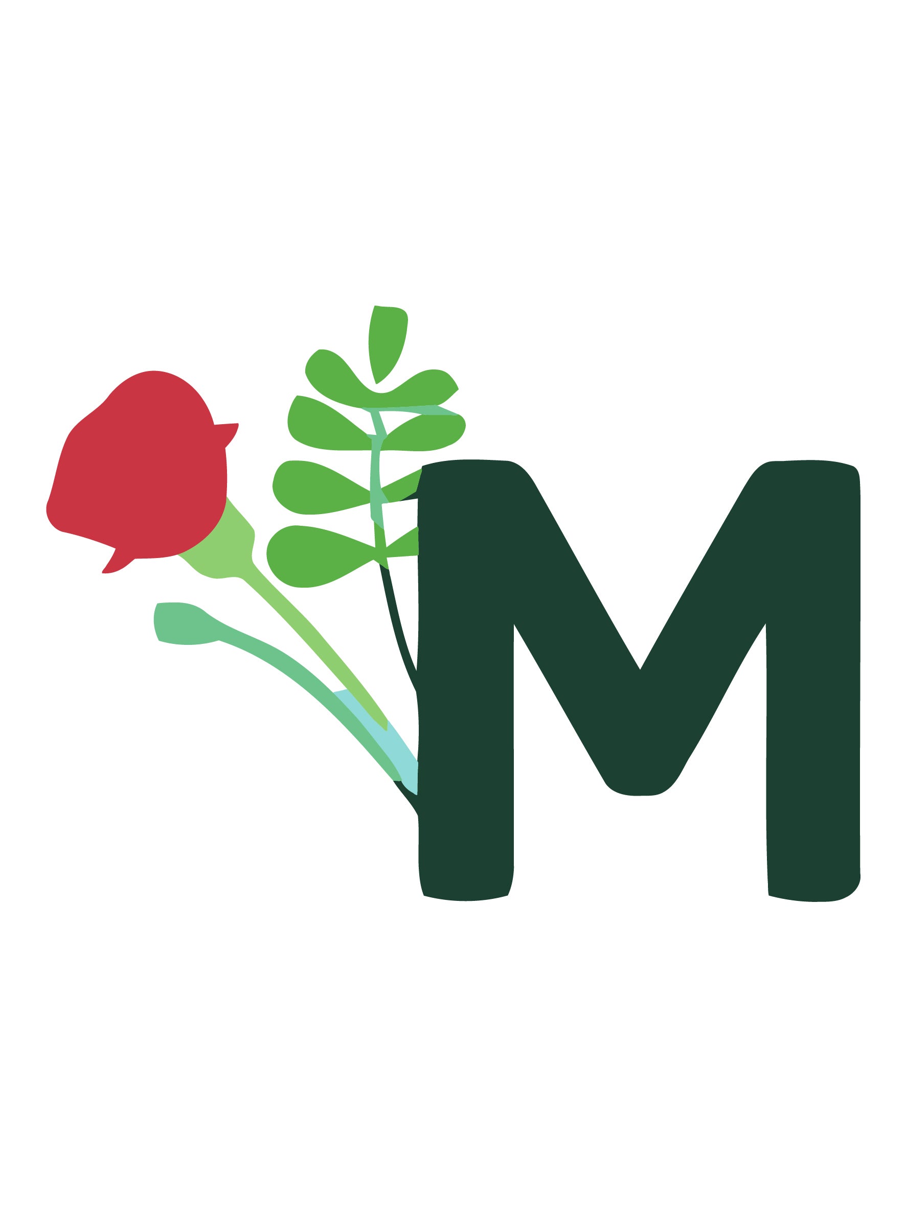 Letter 'M' with a red rose and green leaves on a white background