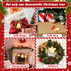 Collage of Christmas decorations including gift bags, a gift box, and wreaths with text overlay.