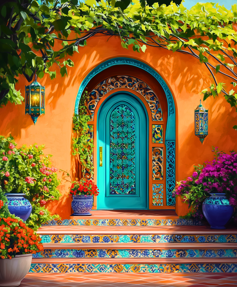 A paint-by-numbers kit depicting a vibrant Moroccan courtyard scene with a turquoise door, terracotta walls, and greenery.