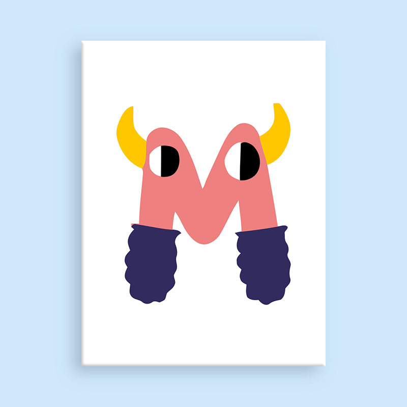 Colorful letter 'M' with horns and gloves on a light blue background