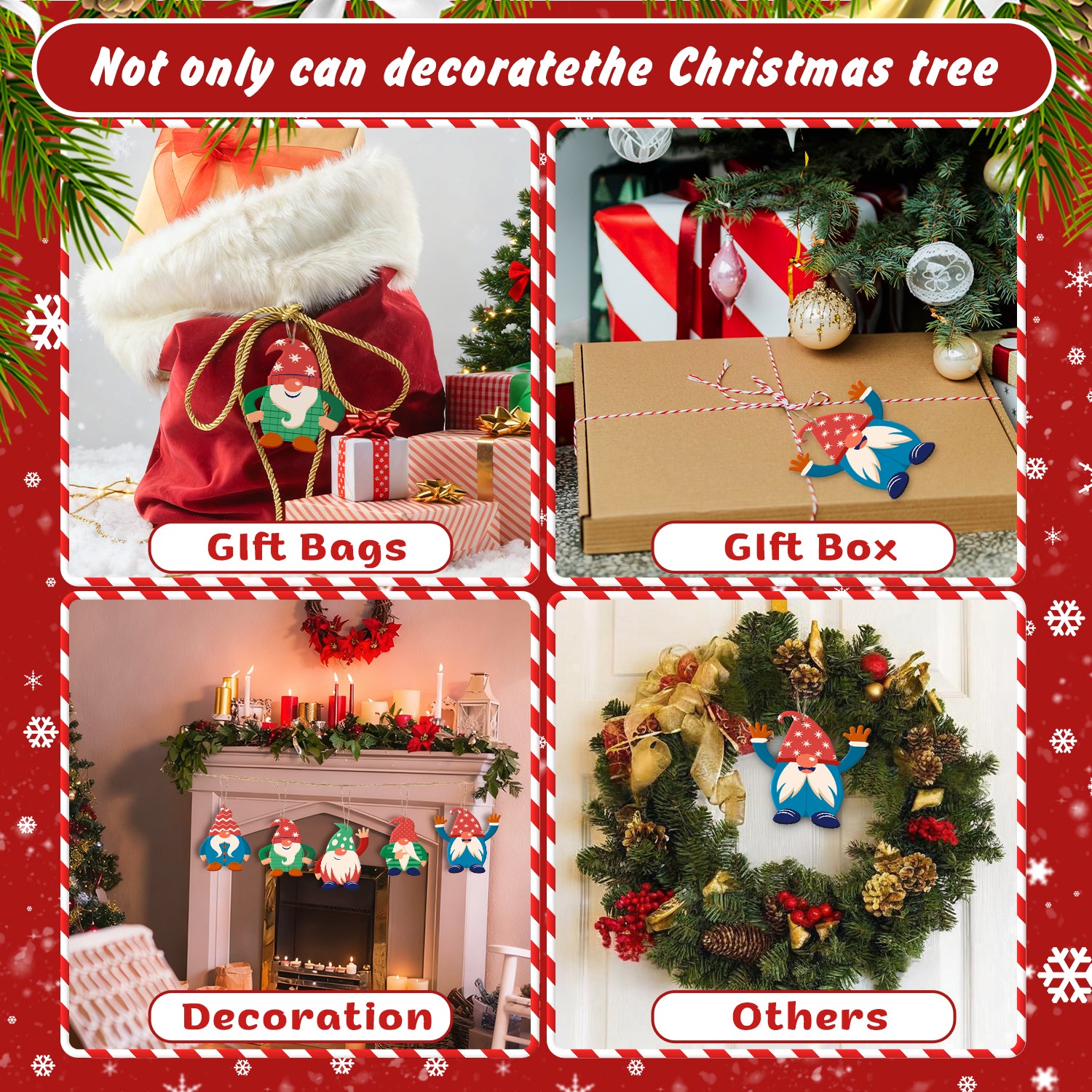Collage of Christmas decorations including gift bags, a gift box, fireplace decoration, and wreath with text overlay.