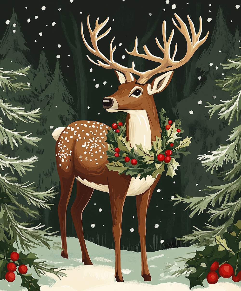 A paint by numbers kit depicting a stag with a holly crown standing in a snowy forest setting.