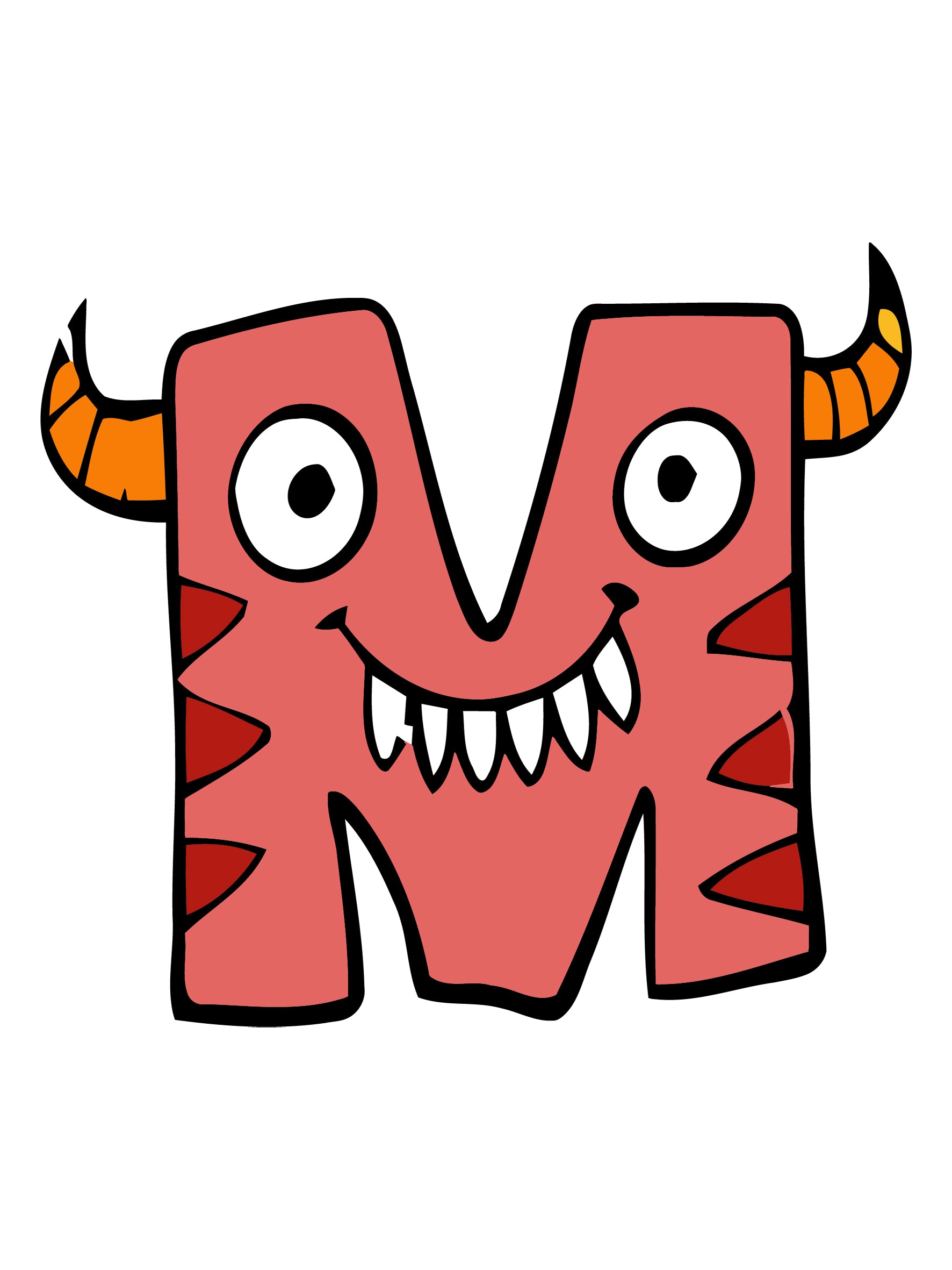 Cartoon letter 'M' with a monster face on a white background