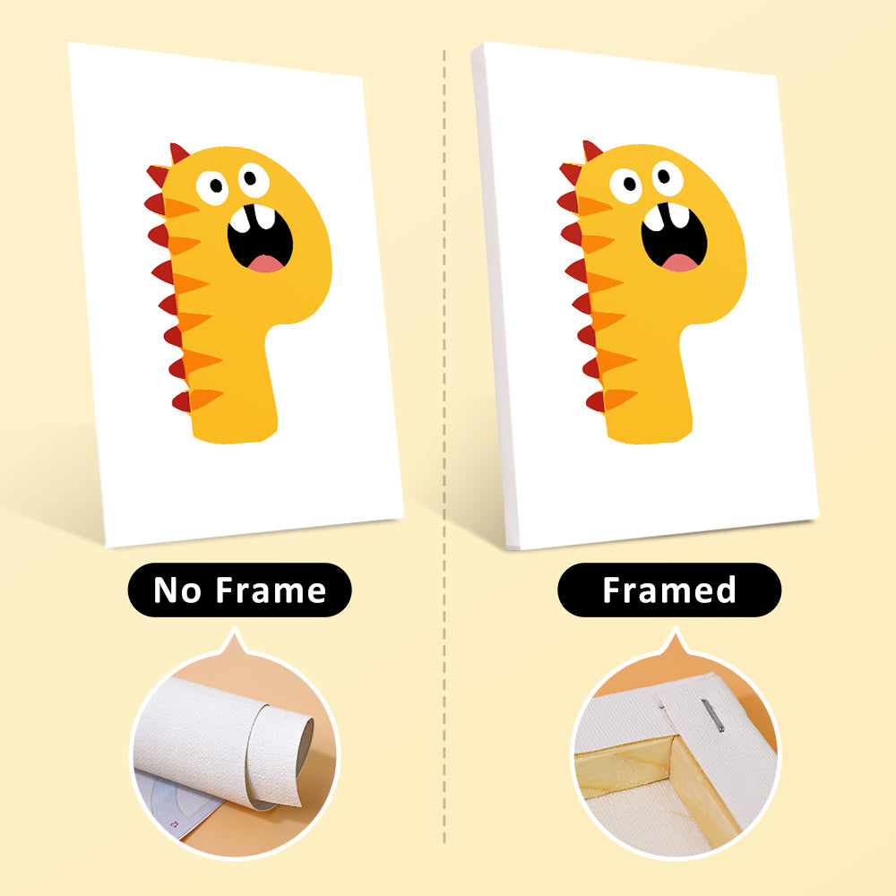 Two cartoon dinosaur cards, one with and one without a frame, on a beige background.