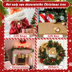 Collage of Christmas decorations including gift bags, a gift box, fireplace decoration, and wreath with text overlay.
