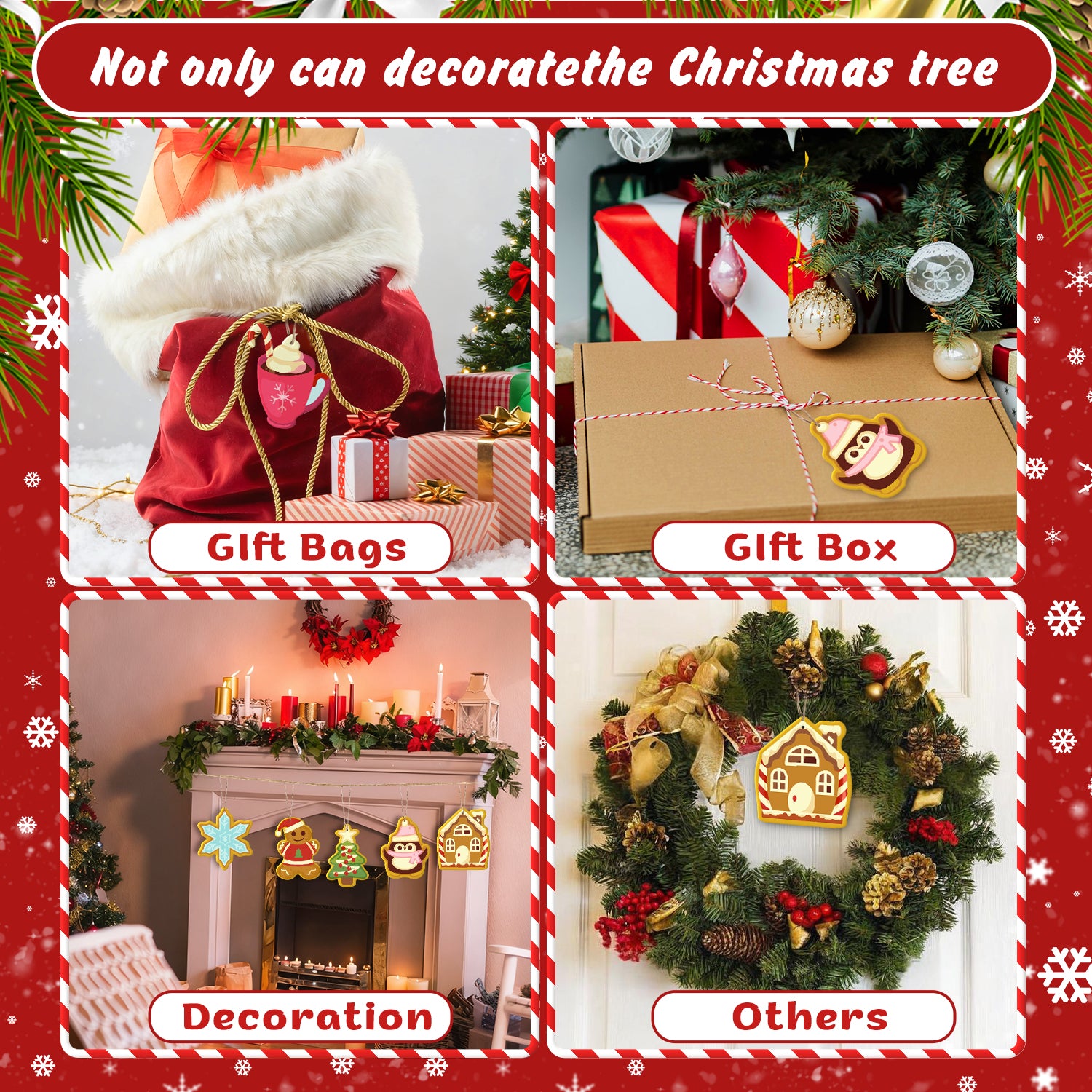 Collage of Christmas decorations including gift bags, a gift box, fireplace decoration, and wreath with text overlay.