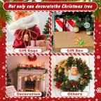 Collage of Christmas decorations including gift bags, a gift box, fireplace decoration, and wreath with text overlay.