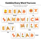 Colorful letter tiles with words like 'Bread', 'Ox', 'Sandwich', etc., on a white background.