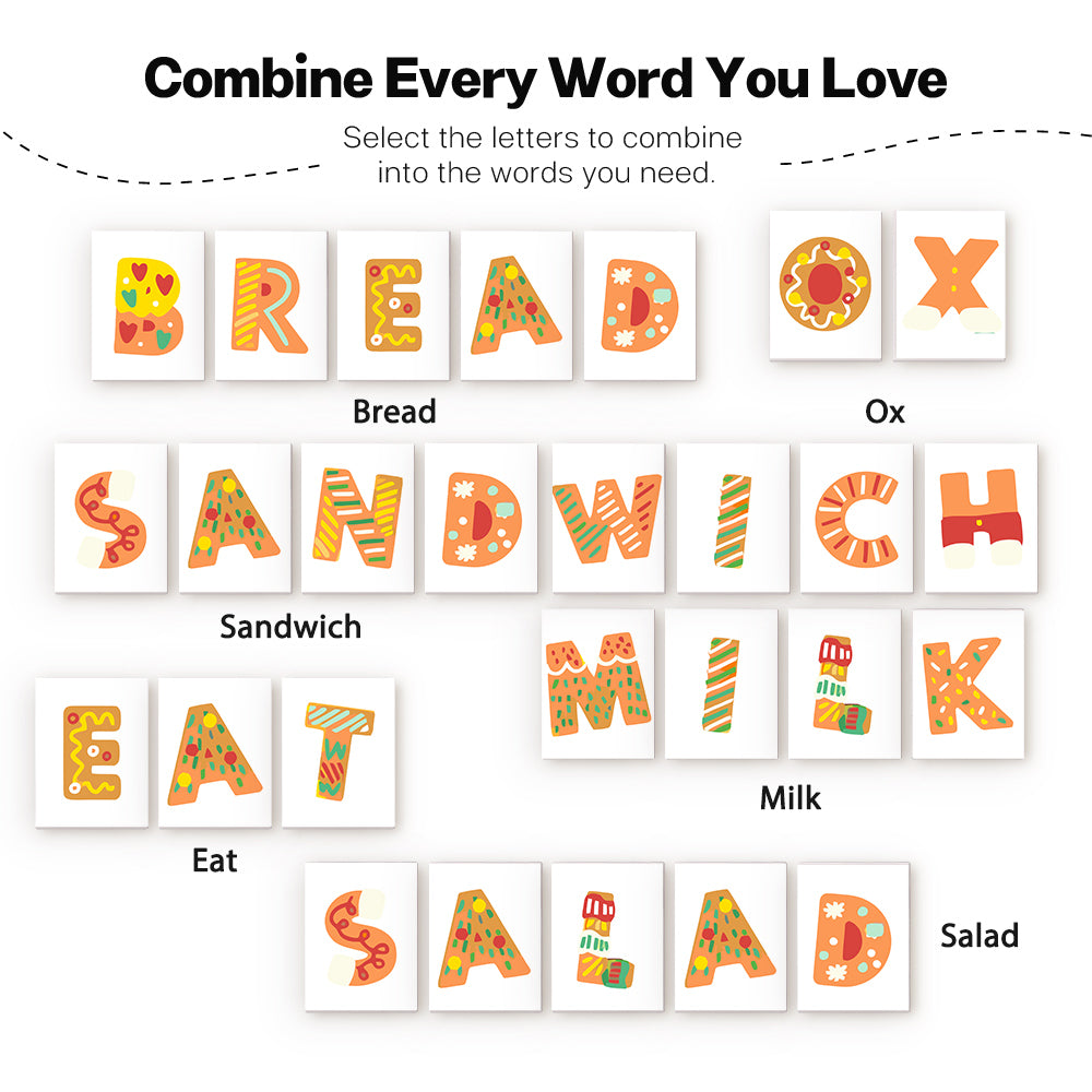 Colorful letter tiles with words like 'Bread', 'Ox', 'Sandwich', etc., on a white background.