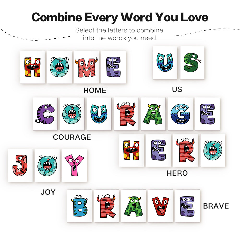 Colorful letter tiles with monster designs on a white background, arranged to form words.