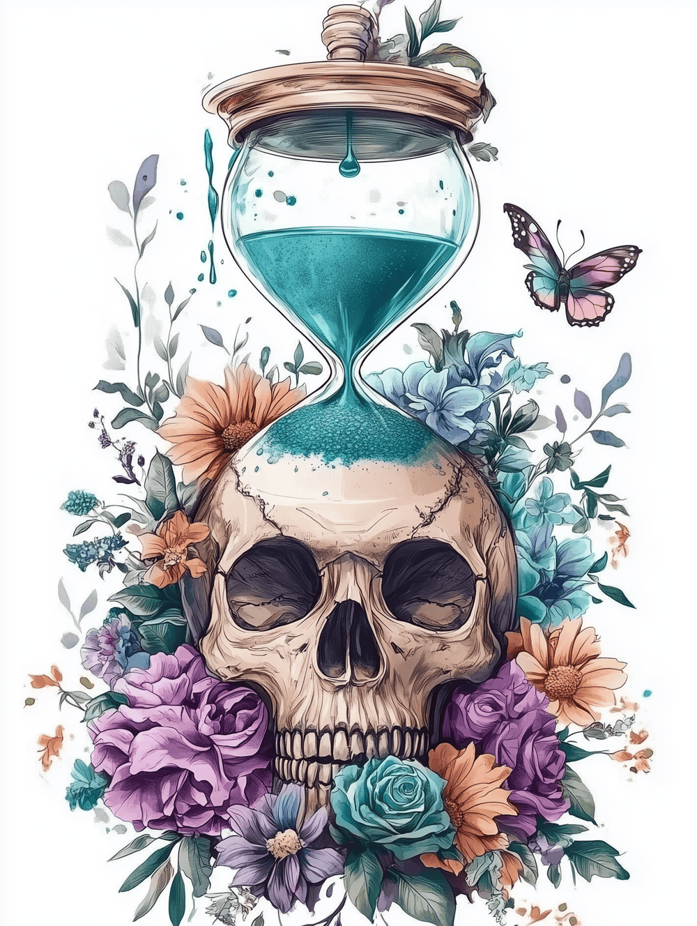 A paint by numbers kit depicting a skull beneath an hourglass, surrounded by colorful flowers and a butterfly.