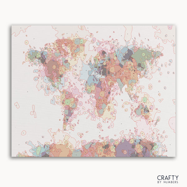 Colorful World Map paint by number featuring vibrant hues and textures inspired by famous paintings, vincent van gogh famous paintings, most famous paintings, and famous landscape paintings.