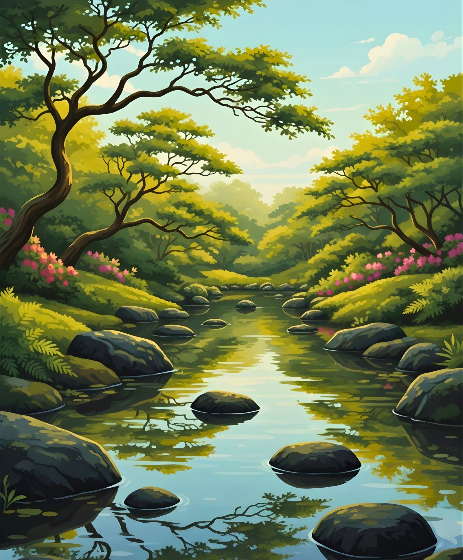 Beneath the Quiet Trees paint by numbers artwork