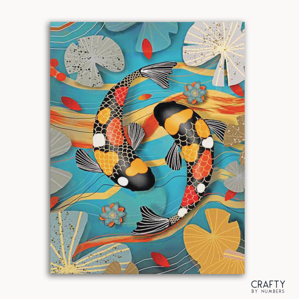 A vibrant painting featuring two multicolored carp fish swimming among blue water and yellow aquatic plants.