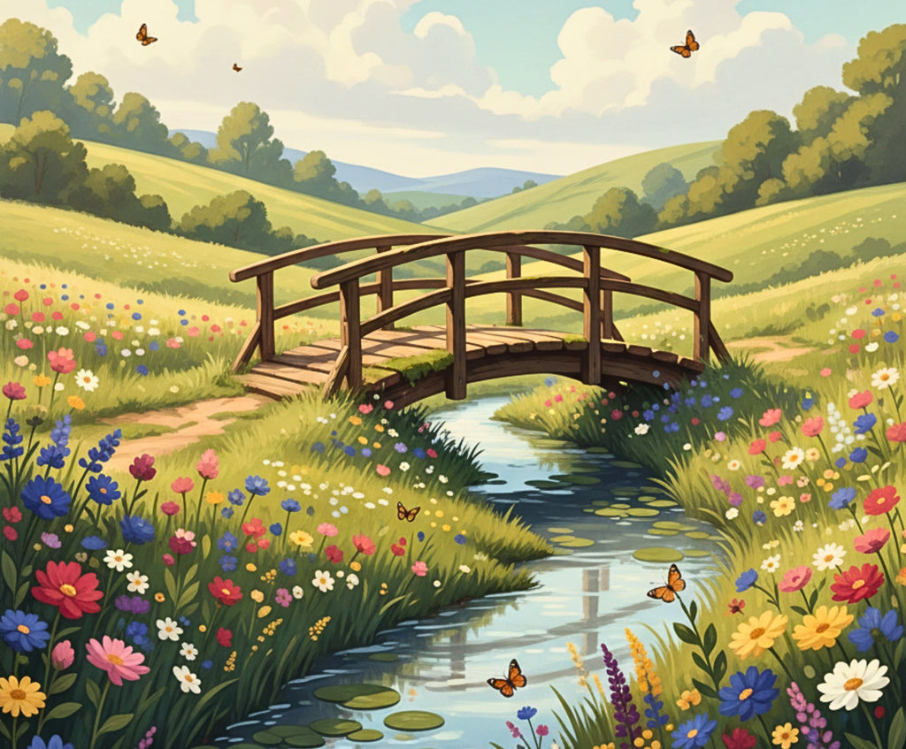 Finished Meadow Bridge Bliss paint by numbers artwork
