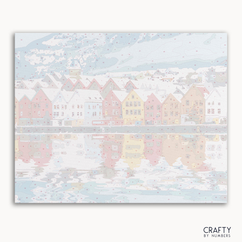 Bryggen Bergen paint by numbers kit with canvas and paints