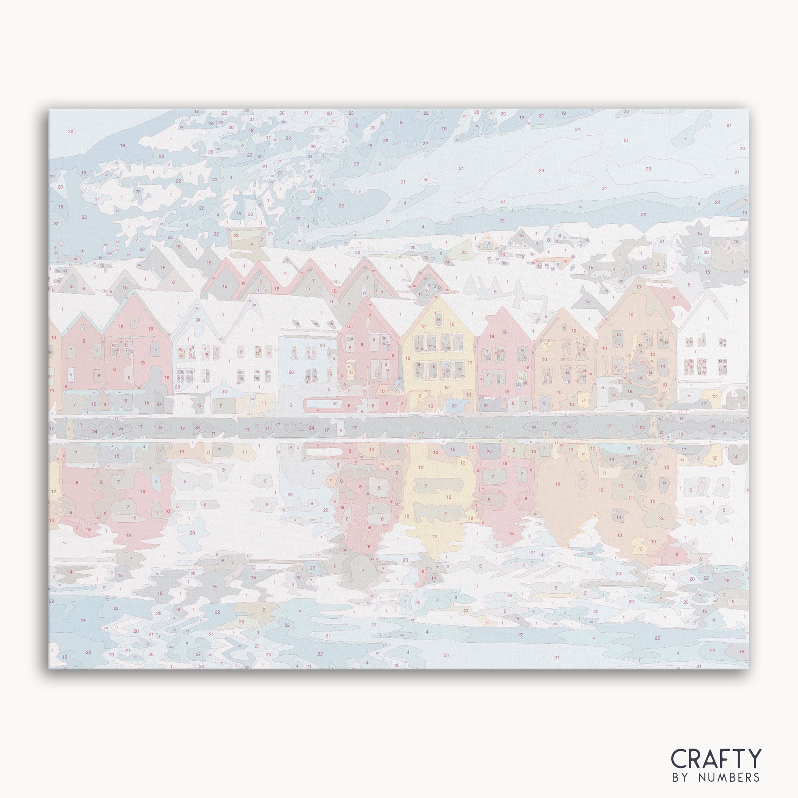 Malen-nach-Zahlen-Set mit Blick auf die Stadt Brügge und Bergen für DIY-Wandkunstliebhaber.
