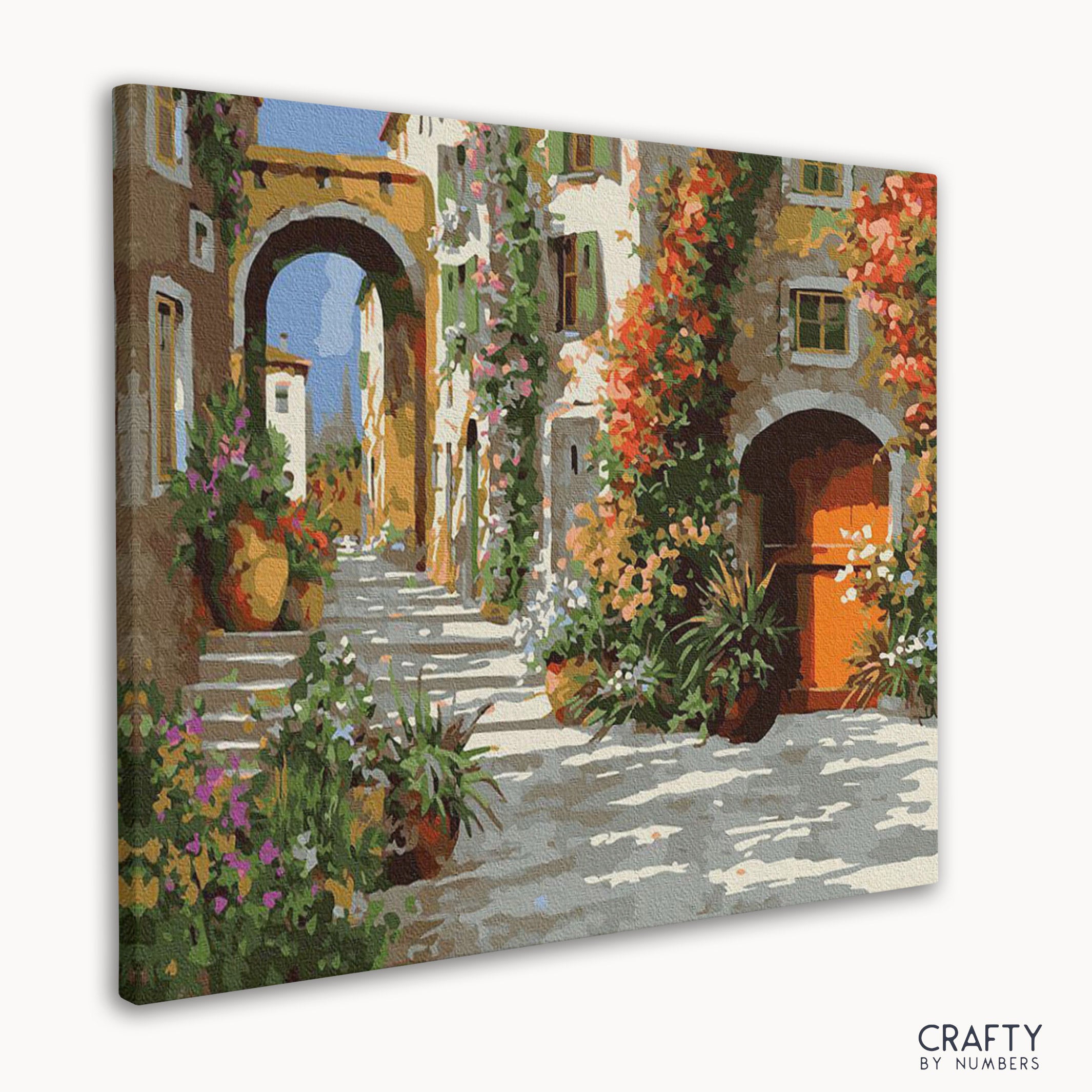 Pre-numbered canvas for The Yard in Flowers paint by numbers, ready to paint.