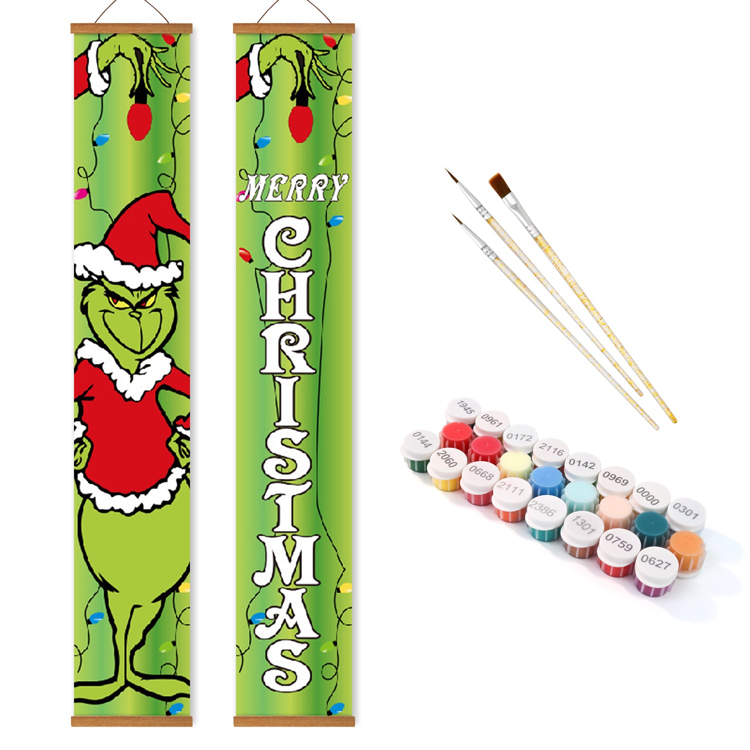 Banner navideño decorativo con diseño Grinch, pinceles y tubos de pintura sobre un fondo blanco.
