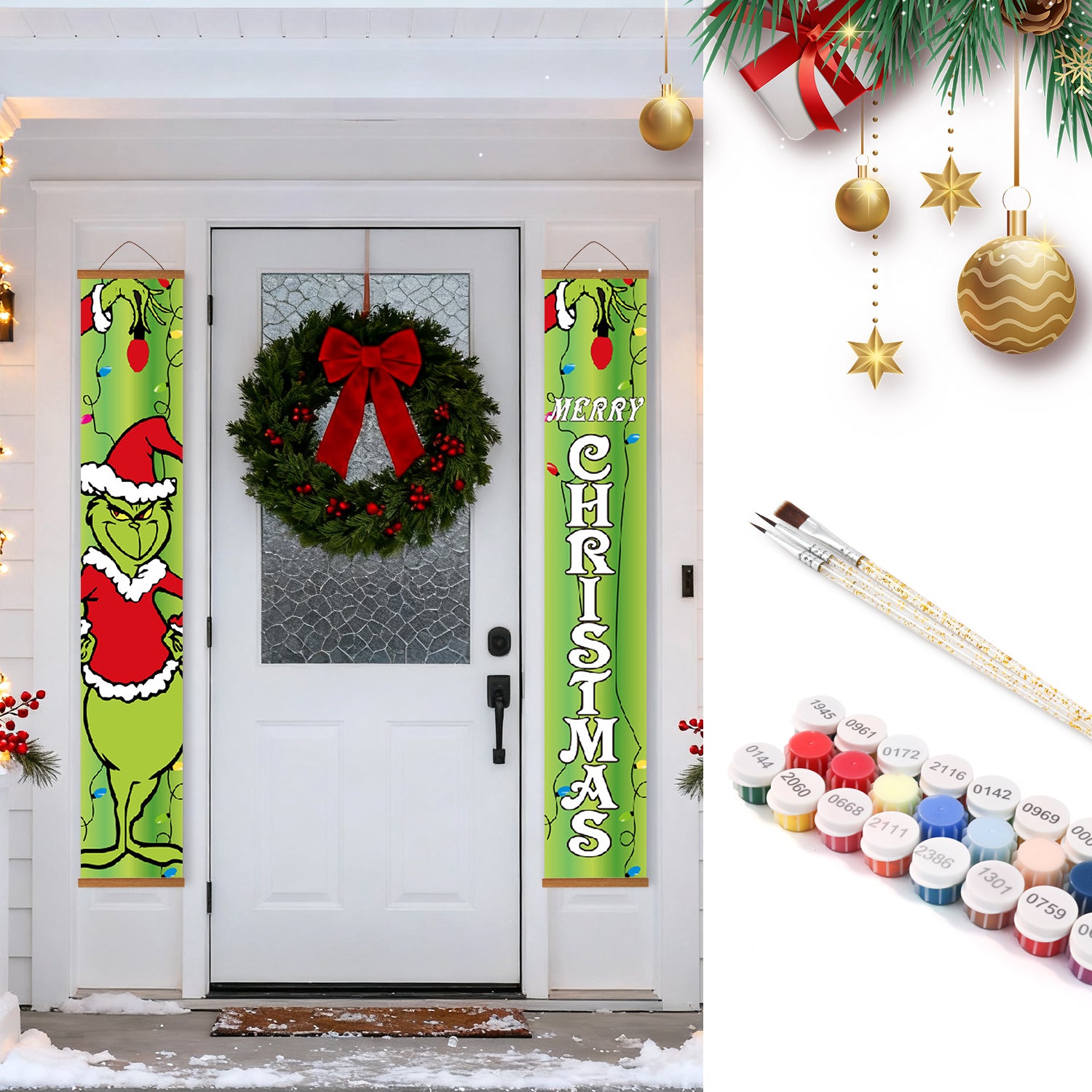 Adornos navideños que incluyen una corona y pancartas festivas en una puerta, con botes de pintura y pinceles en la esquina.