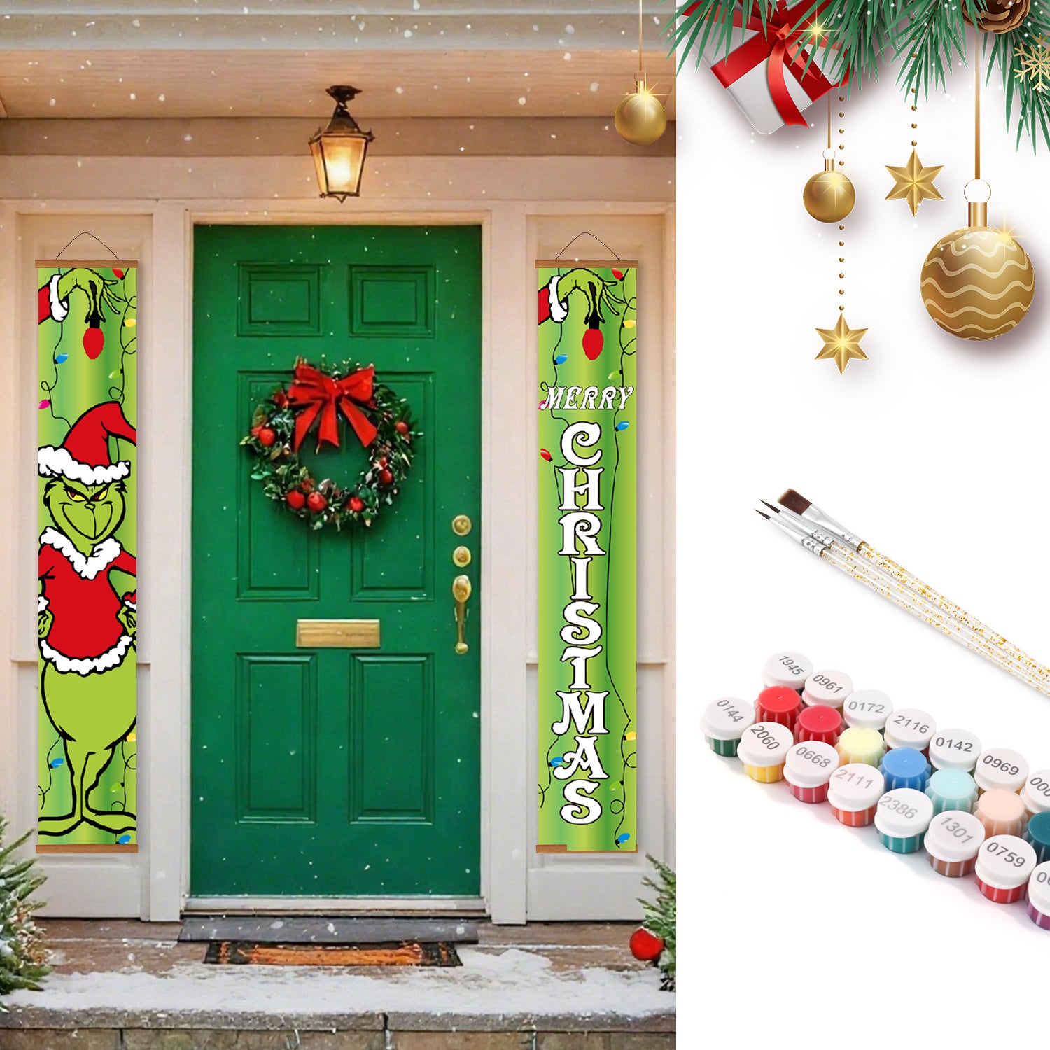 Pancartas navideñas decorativas en una puerta verde con adornos festivos y suministros de pintura.
