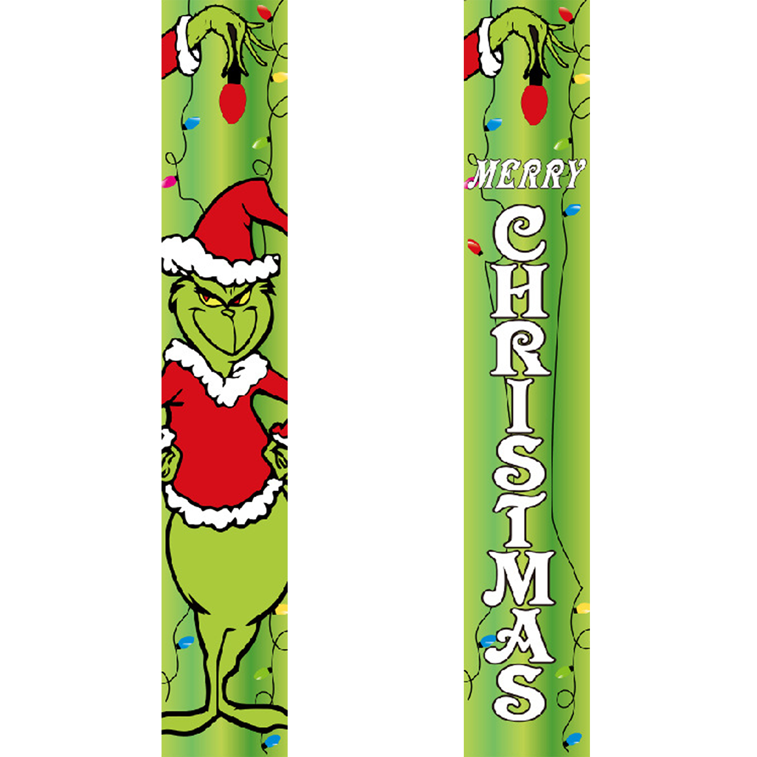 Pancarta vertical con un personaje de dibujos animados con gorro de Papá Noel y el texto "Feliz Navidad" sobre un fondo verde.