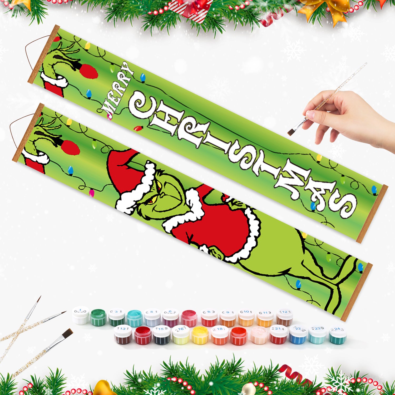 Christmas-themed banner with a hand painting it on a white background