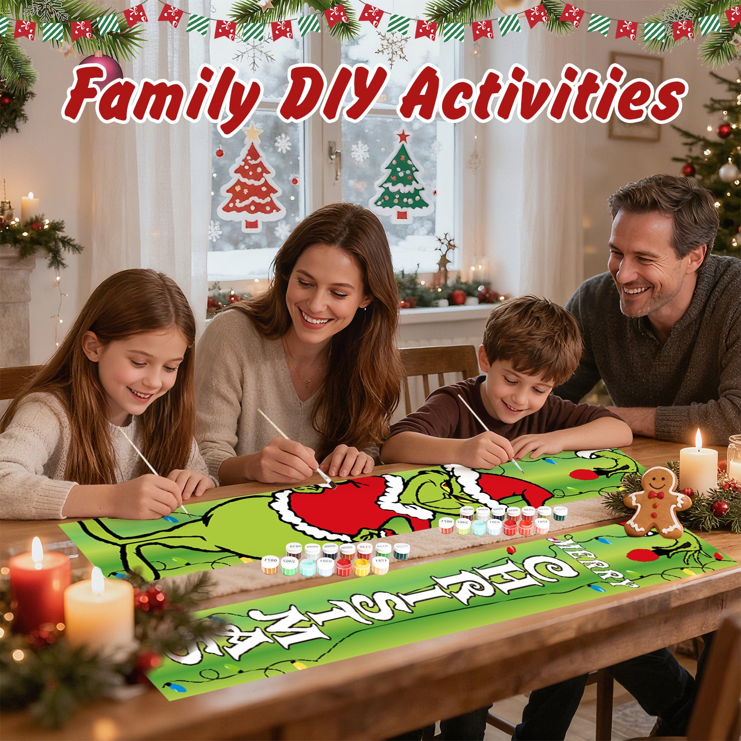 Family engaged in a DIY craft activity with Christmas decorations around them.