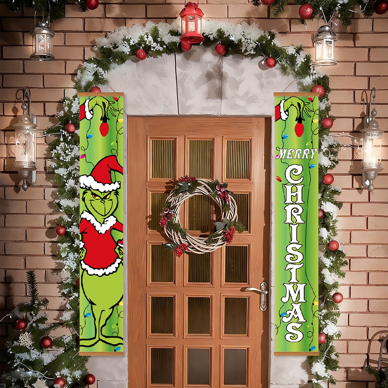 Decorative Christmas door with Grinch-themed banners and wreath on a brick wall.