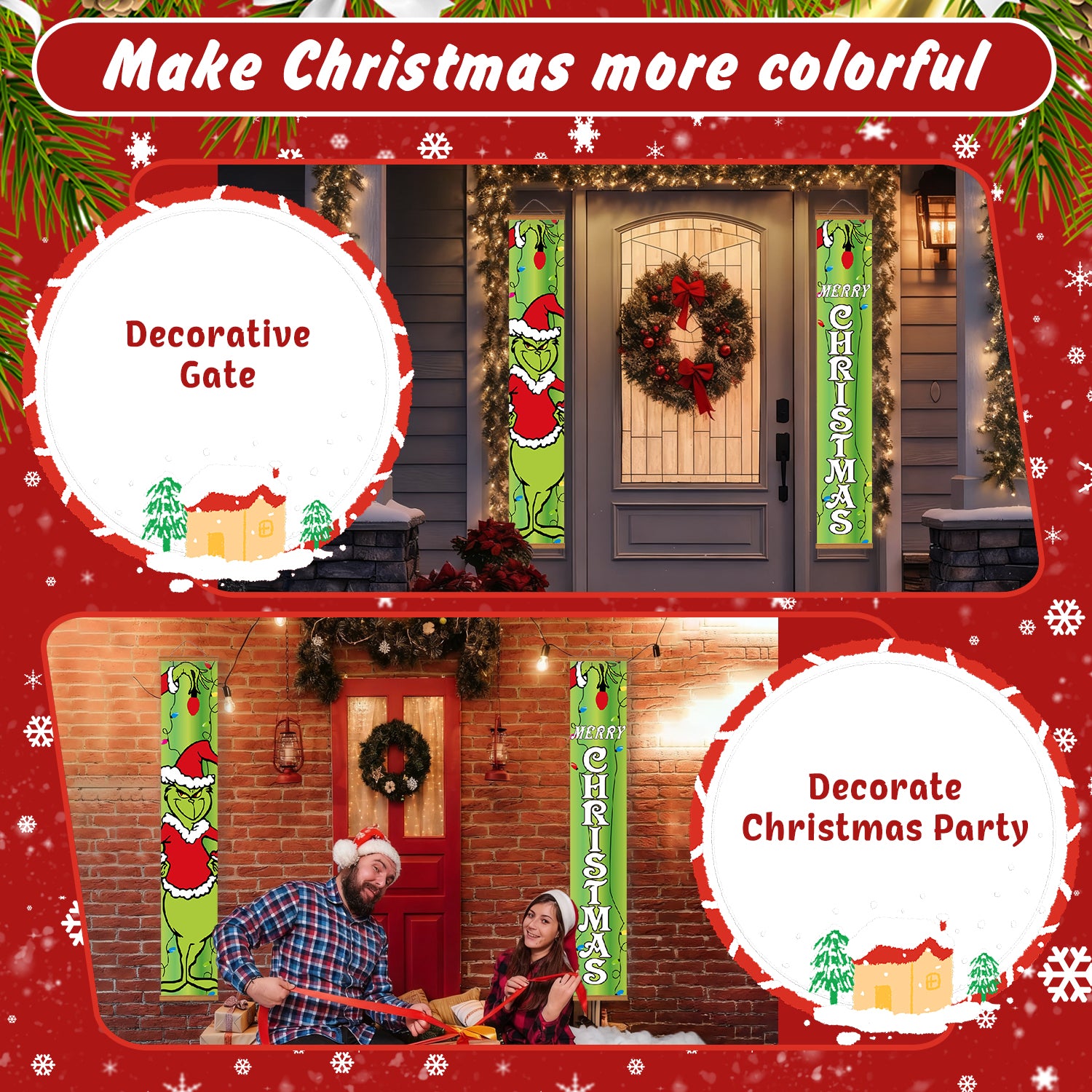 Puerta navideña decorativa con adornos festivos y texto sobre fondo rojo.