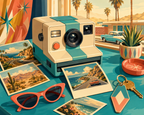 A vintage instant camera with travel photos, red sunglasses and a motel key.