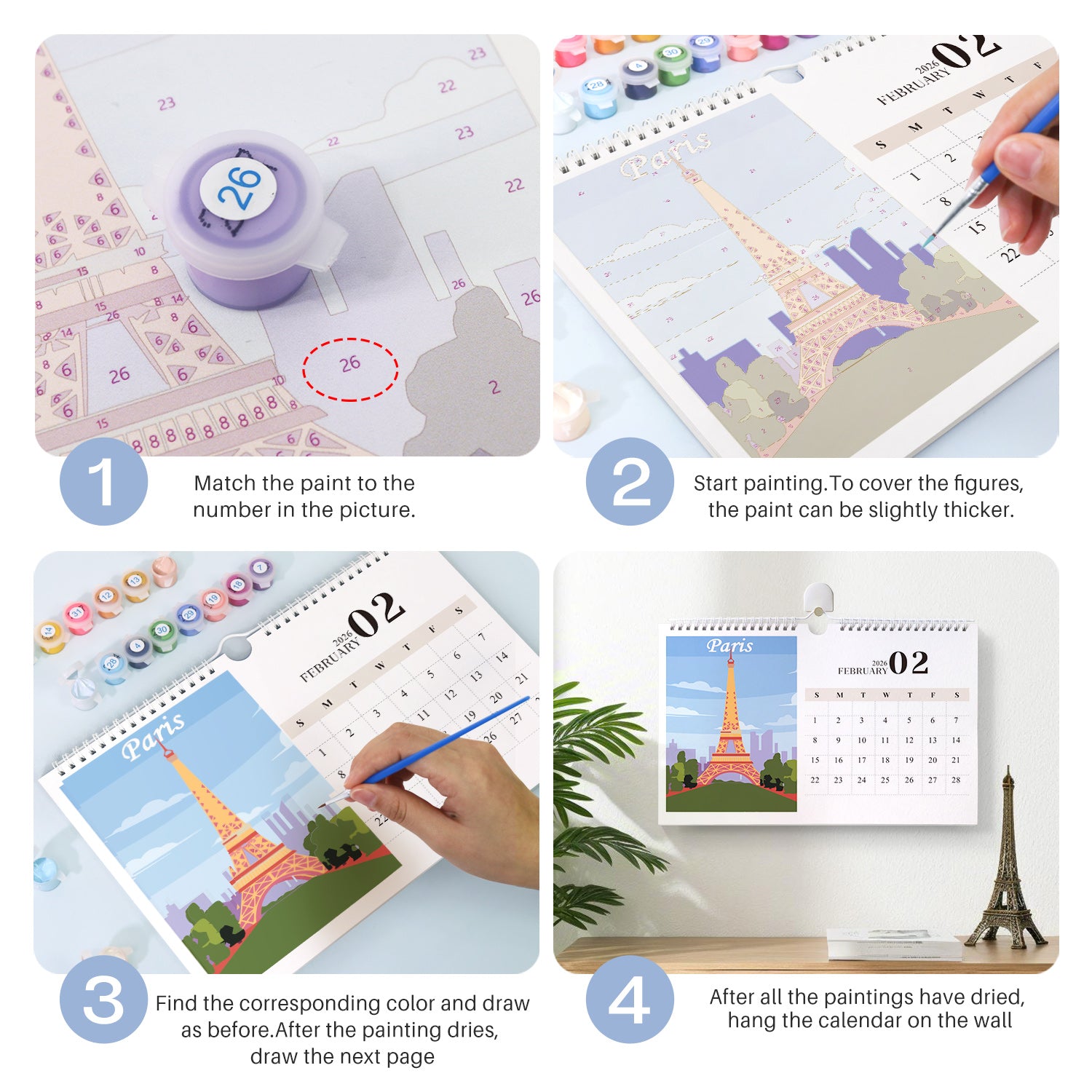 Step-by-step guide to painting a calendar with a colorful design, including matching paint colors and using a paintbrush.