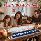 Family engaged in a DIY activity at a table with Christmas decorations.