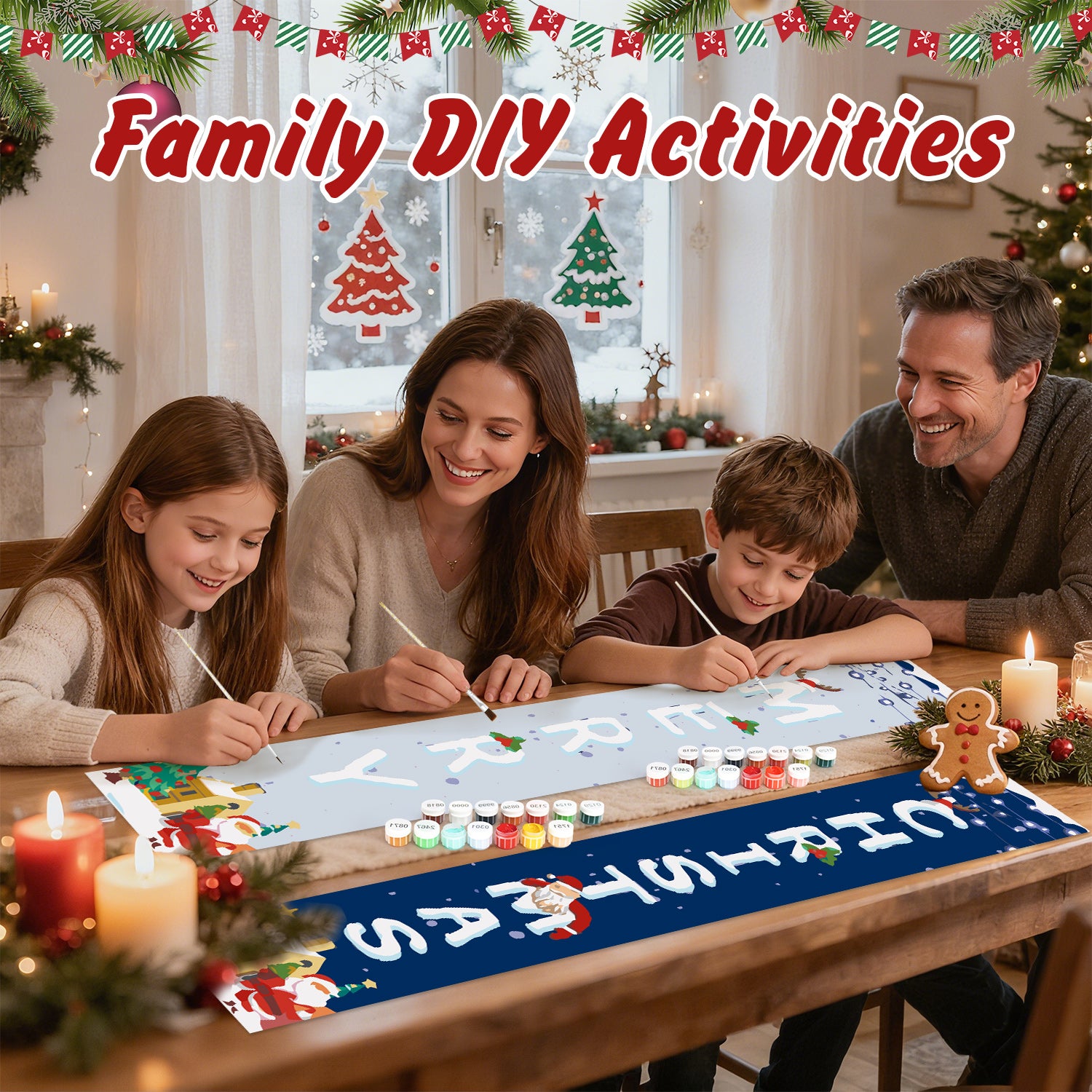 Family engaged in a DIY activity at a table with Christmas decorations.