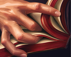 A close-up of a hand pressing between the curved pages of a red-bound book.