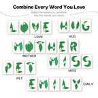 Set of green leaf-shaped letter tiles with floral designs on a white background, arranged to form various words.