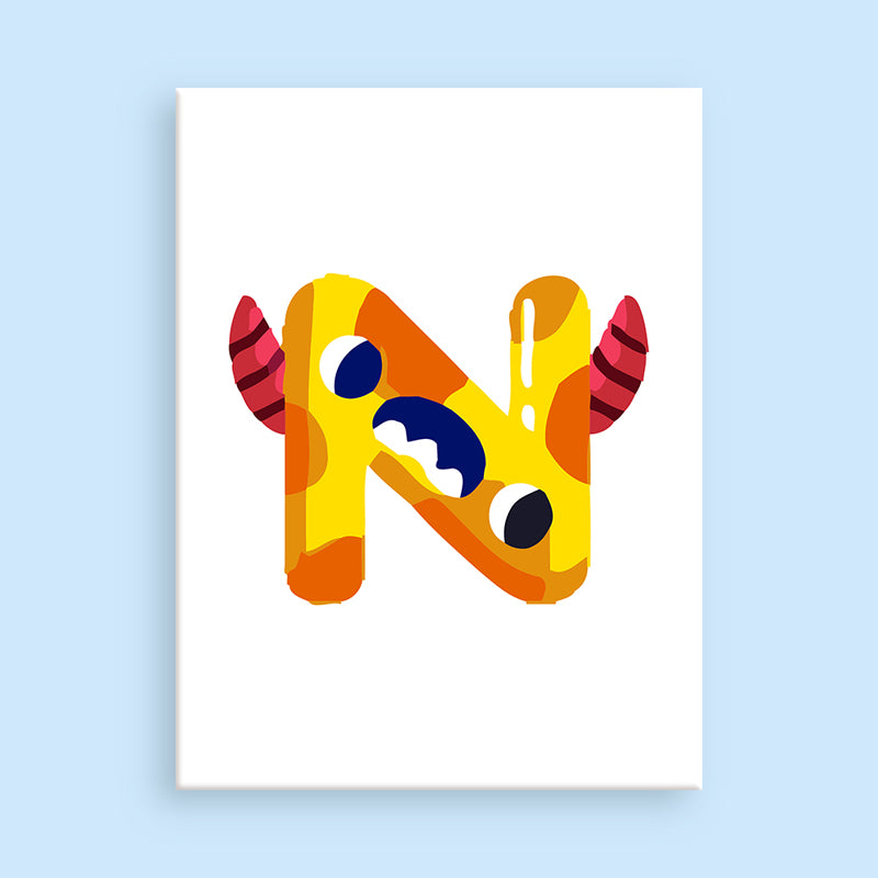 Colorful letter 'N' design on a white background with a light blue border