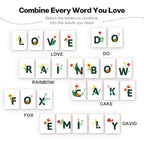 Set of letter tiles with floral designs on a white background, featuring words like 'LOVE', 'DO', 'RAINBOW', 'CAKE', 'FOX', 'EMILY', and 'DAVID'.