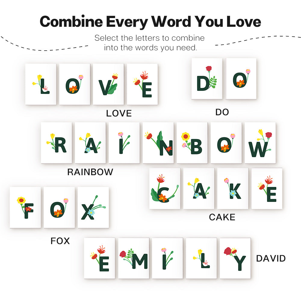Satz Buchstabenkacheln mit floralen Mustern auf weißem Hintergrund mit Wörtern wie „LOVE“, „DO“, „RAINBOW“, „CAKE“, „FOX“, „EMILY“ und „DAVID“.